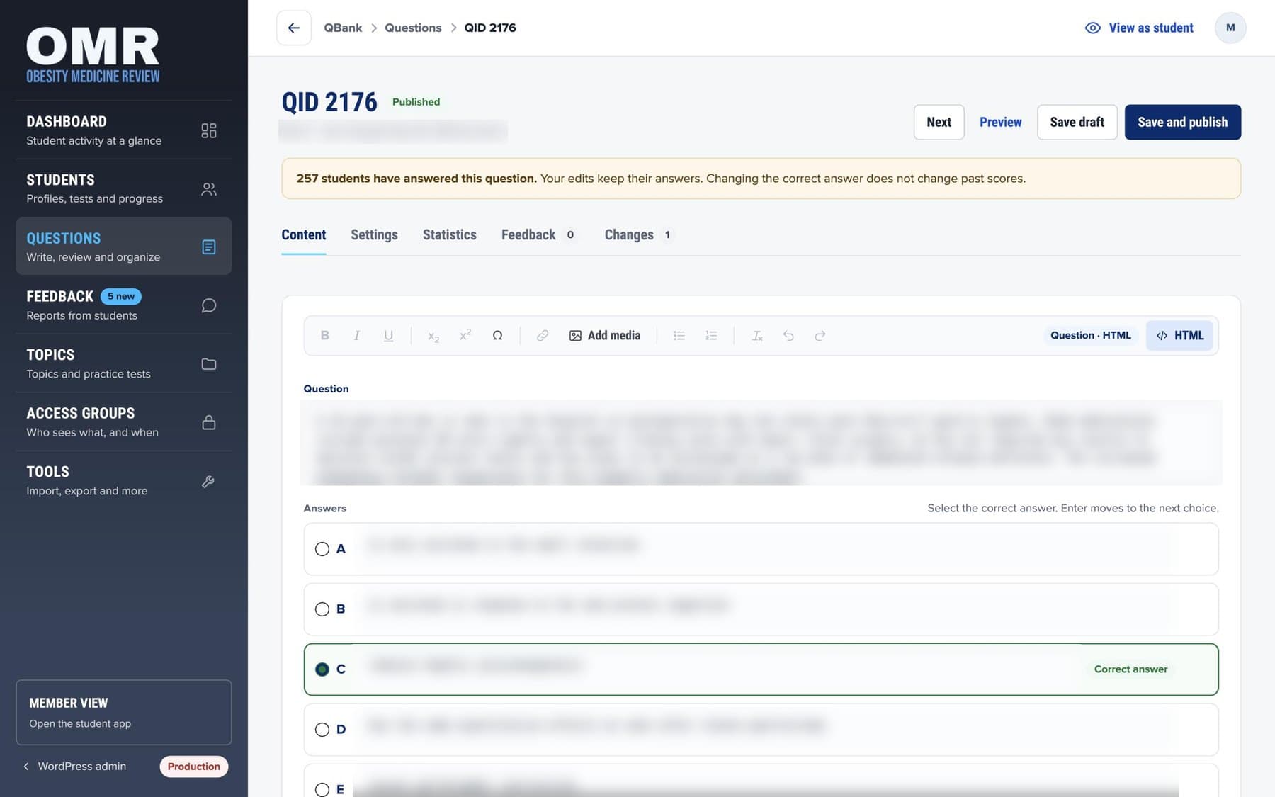 QBank admin question editor with the answer choices and the correct one marked; question text and the editor's name are blurred