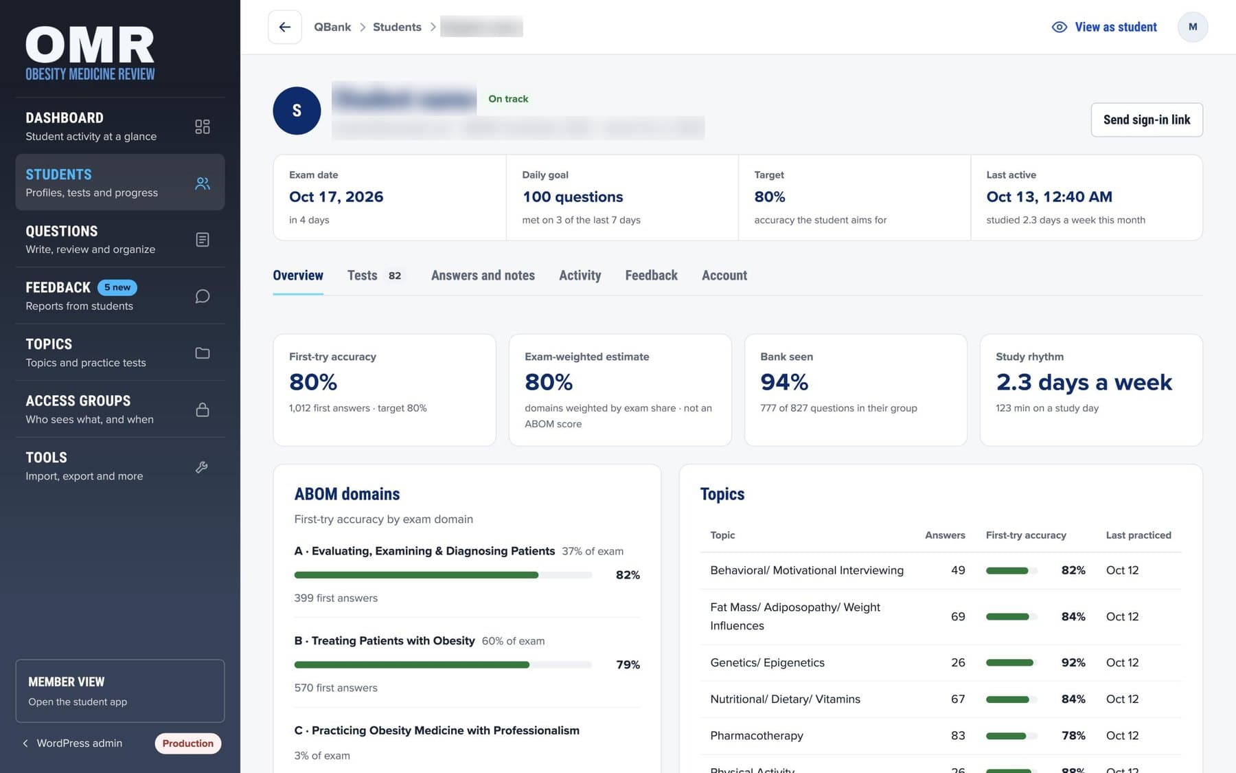QBank admin student profile with the study plan, accuracy, exam-weighted estimate and results by ABOM domain and topic; the student's name and email are blurred