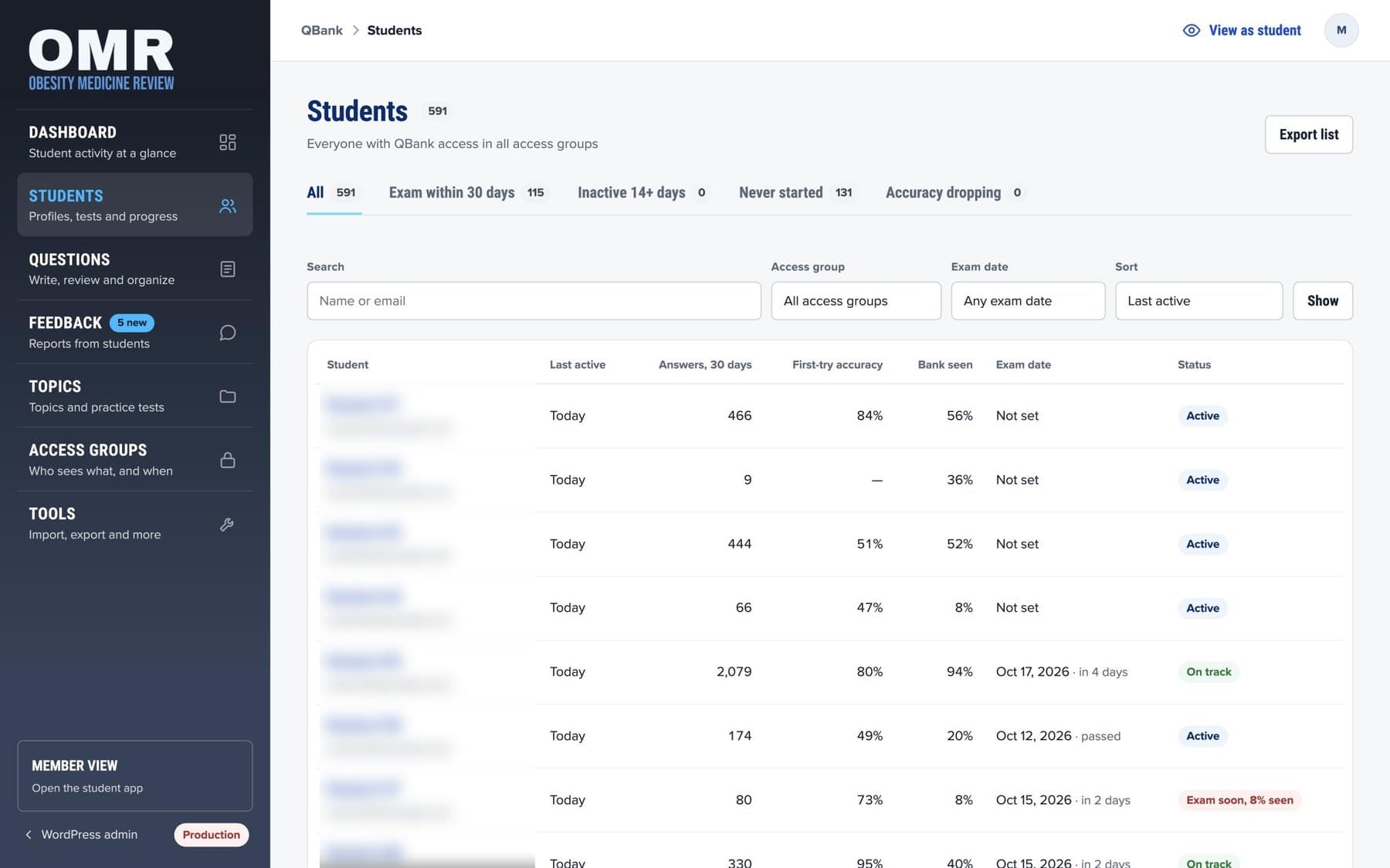 QBank admin student list with activity, accuracy, bank coverage, exam dates and status; names and emails are blurred