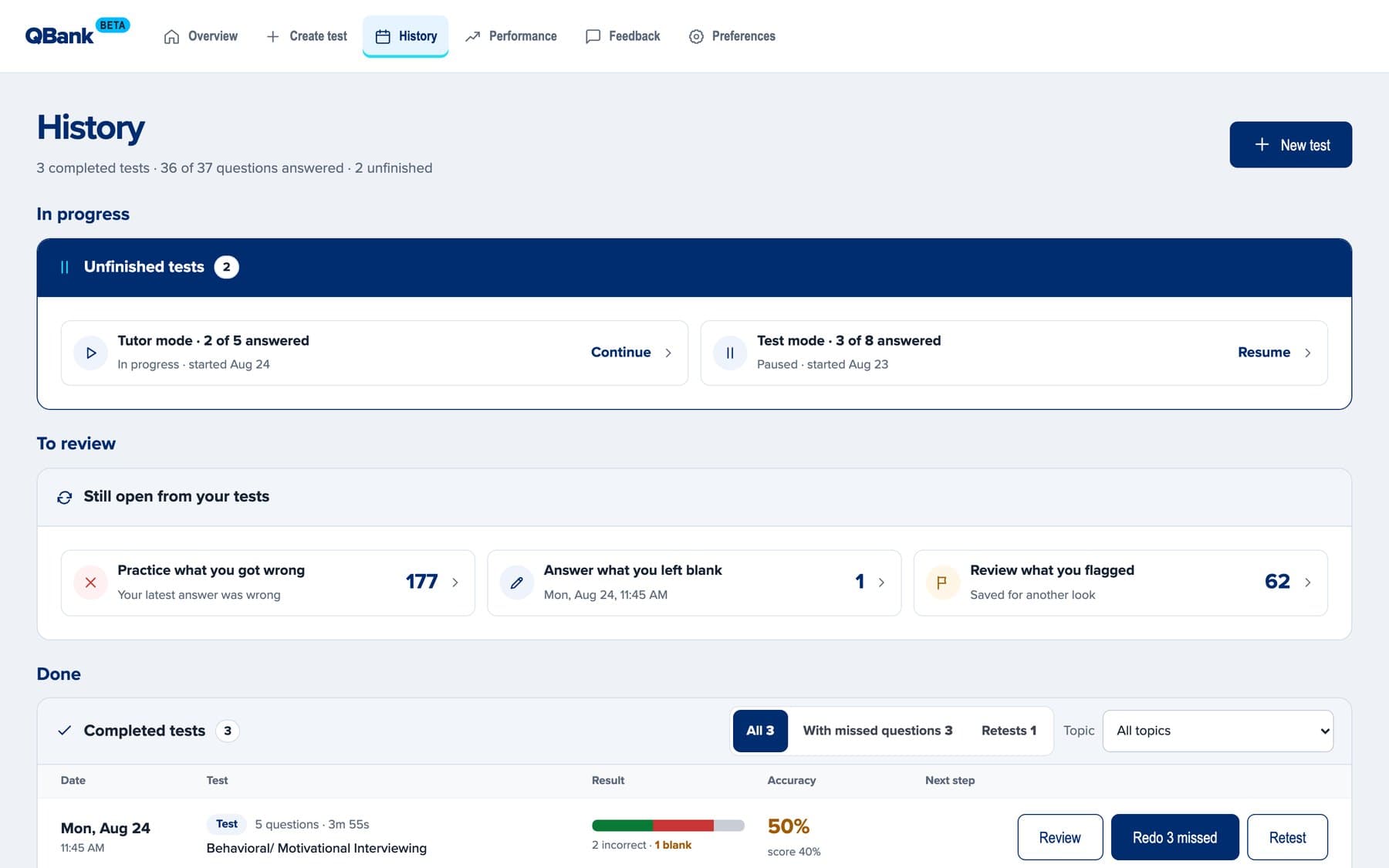 QBank History with unfinished tests, open questions and completed tests
