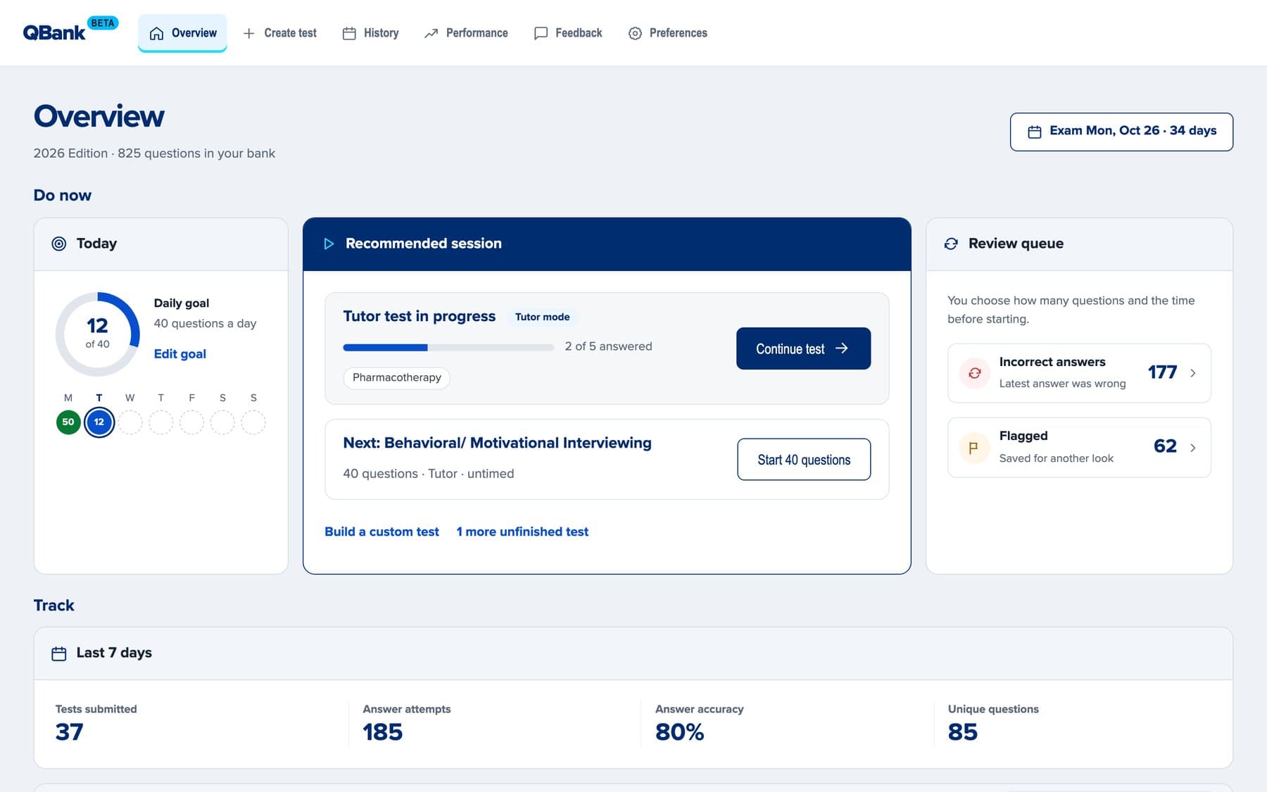 QBank Overview with the exam countdown, the daily goal, the recommended session and the review queue