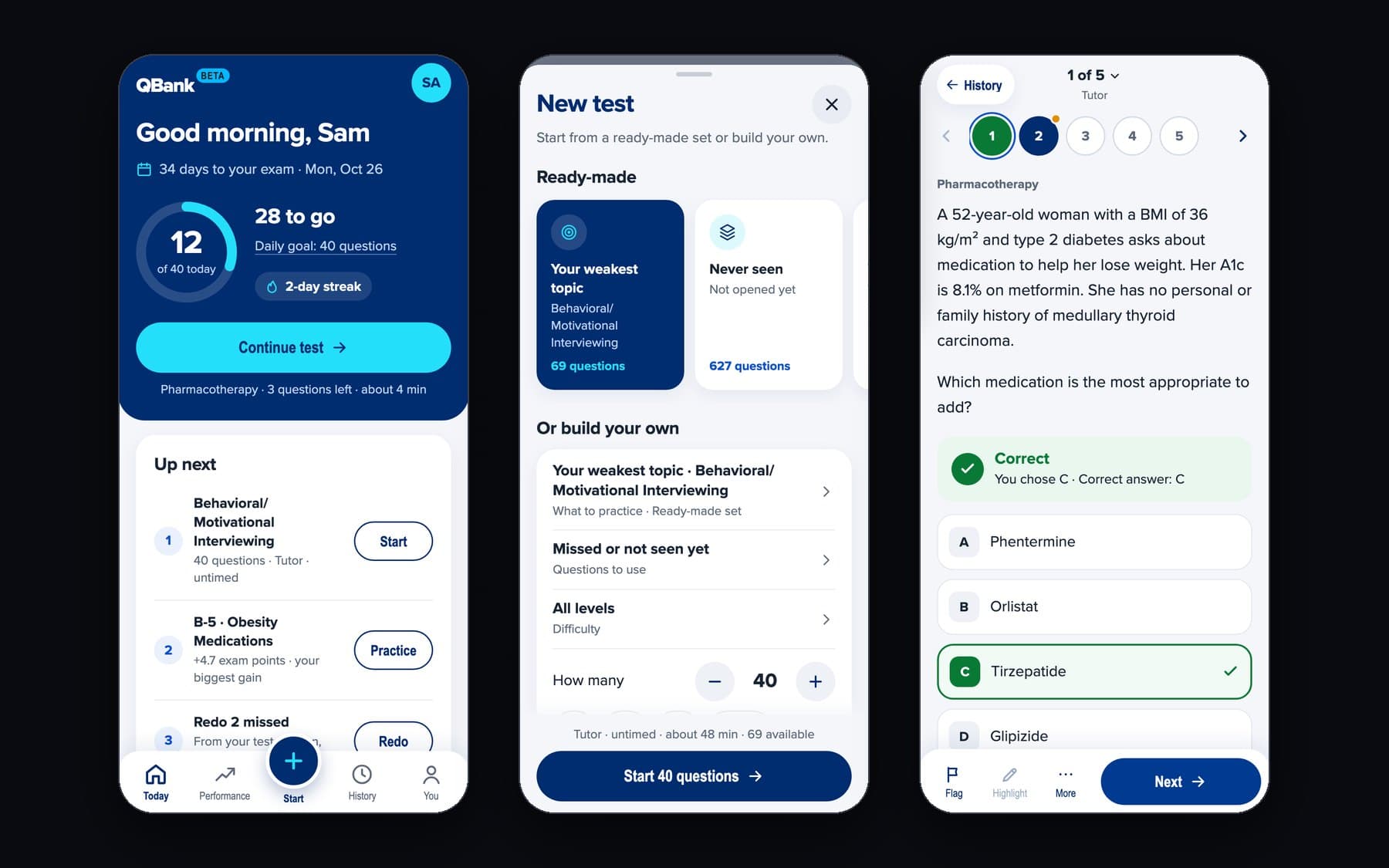 QBank on a phone: Today, the New test sheet, and a question in Tutor mode