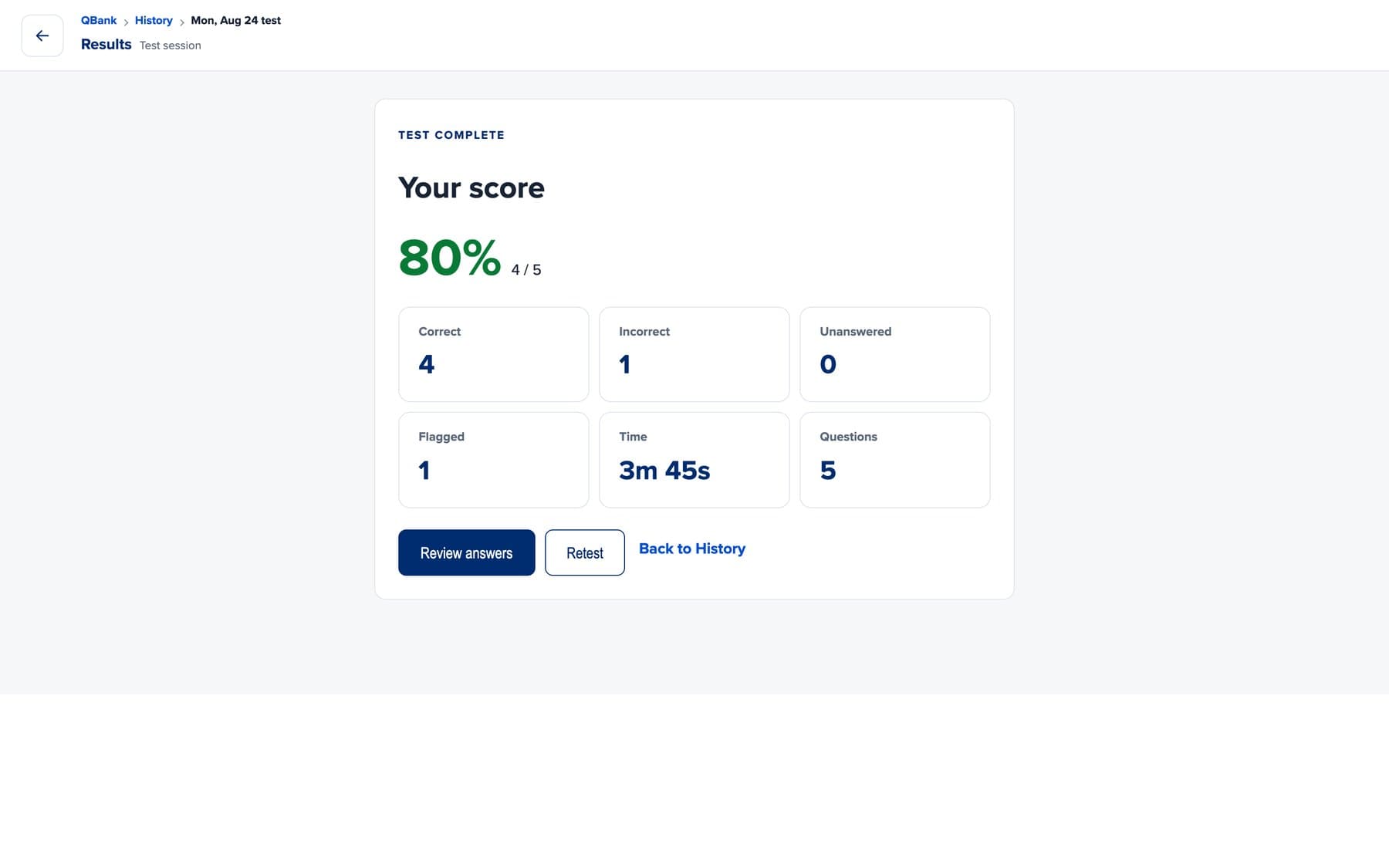 QBank results screen with the score and a breakdown