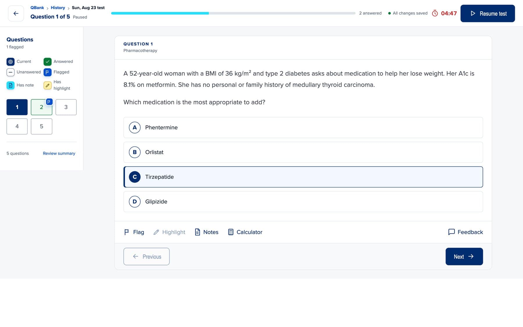 A paused QBank test in Test mode with the timer at the top