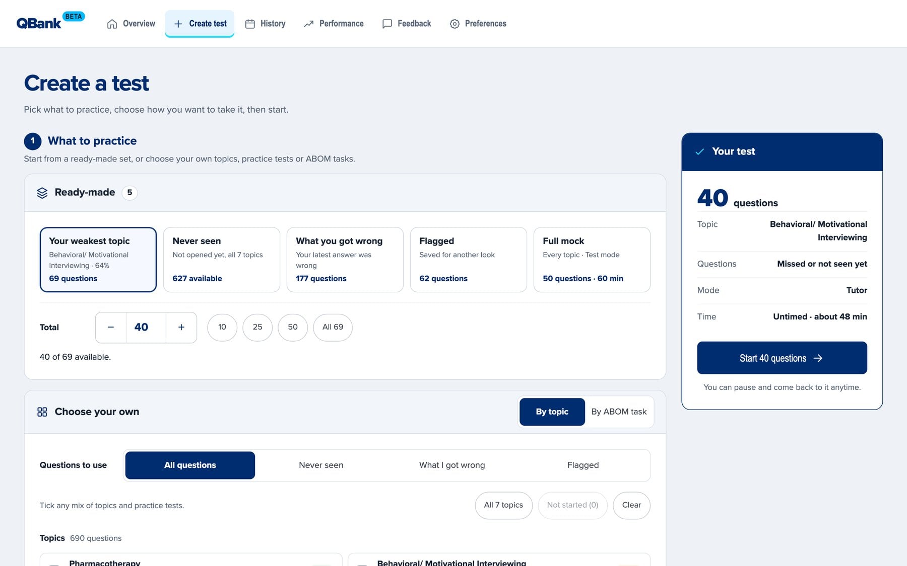 QBank Create test screen with ready-made sets, a question count, your own mix by topic, and a summary of the test