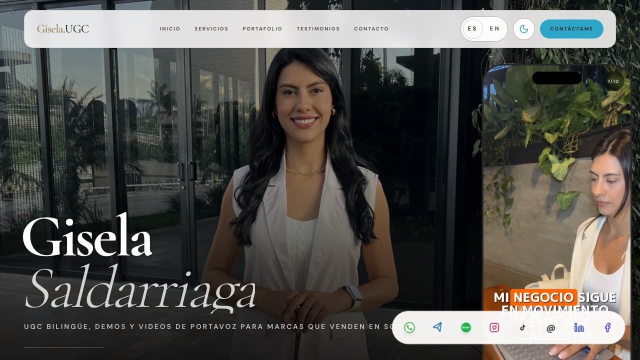 GiseUGC home page in Spanish: Gisela's portrait, her name, and a vertical video reel