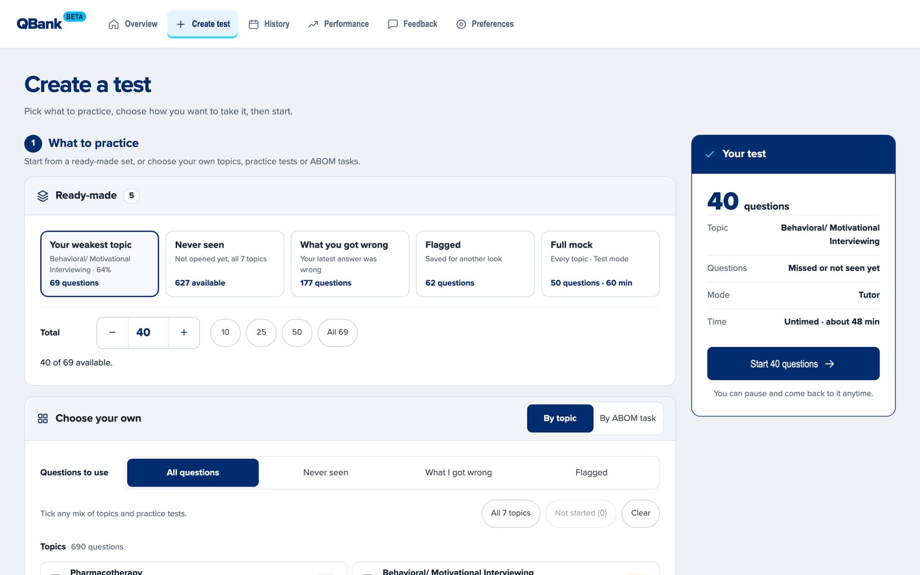 QBank Create test screen with ready-made sets, a question count, your own mix by topic, and a summary of the test